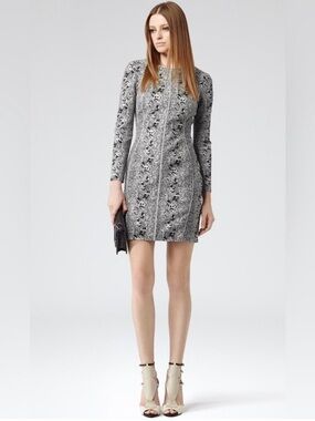 Reiss Fion Snake Print Long-Sleeve Low Back Bodycon Sheath Mini Dress Size 10